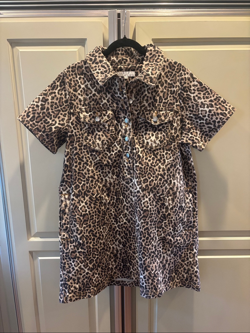 Loft Leopard Print Short-Sleeve Denim Shirt Dress